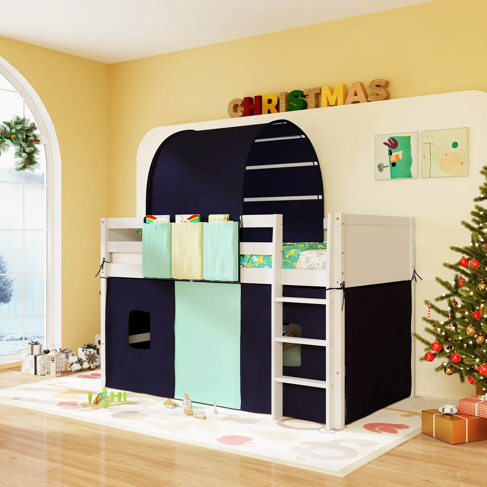 Twin Loft Bed with Tower & Tent 3 Storage Pockets Safety Guardrail and Ladder