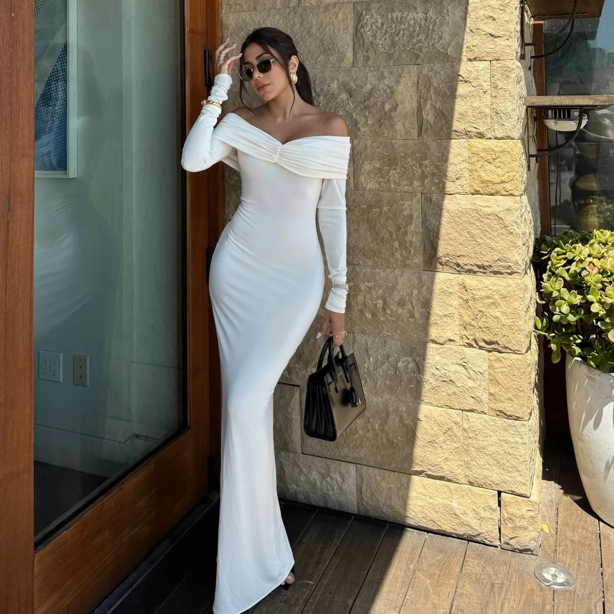 

Simple White Mermaid Prom Dresses Sweetheart Off The Shoulder Long Sleeves Evening Dress Women Birthday Gowns vestidos de noche