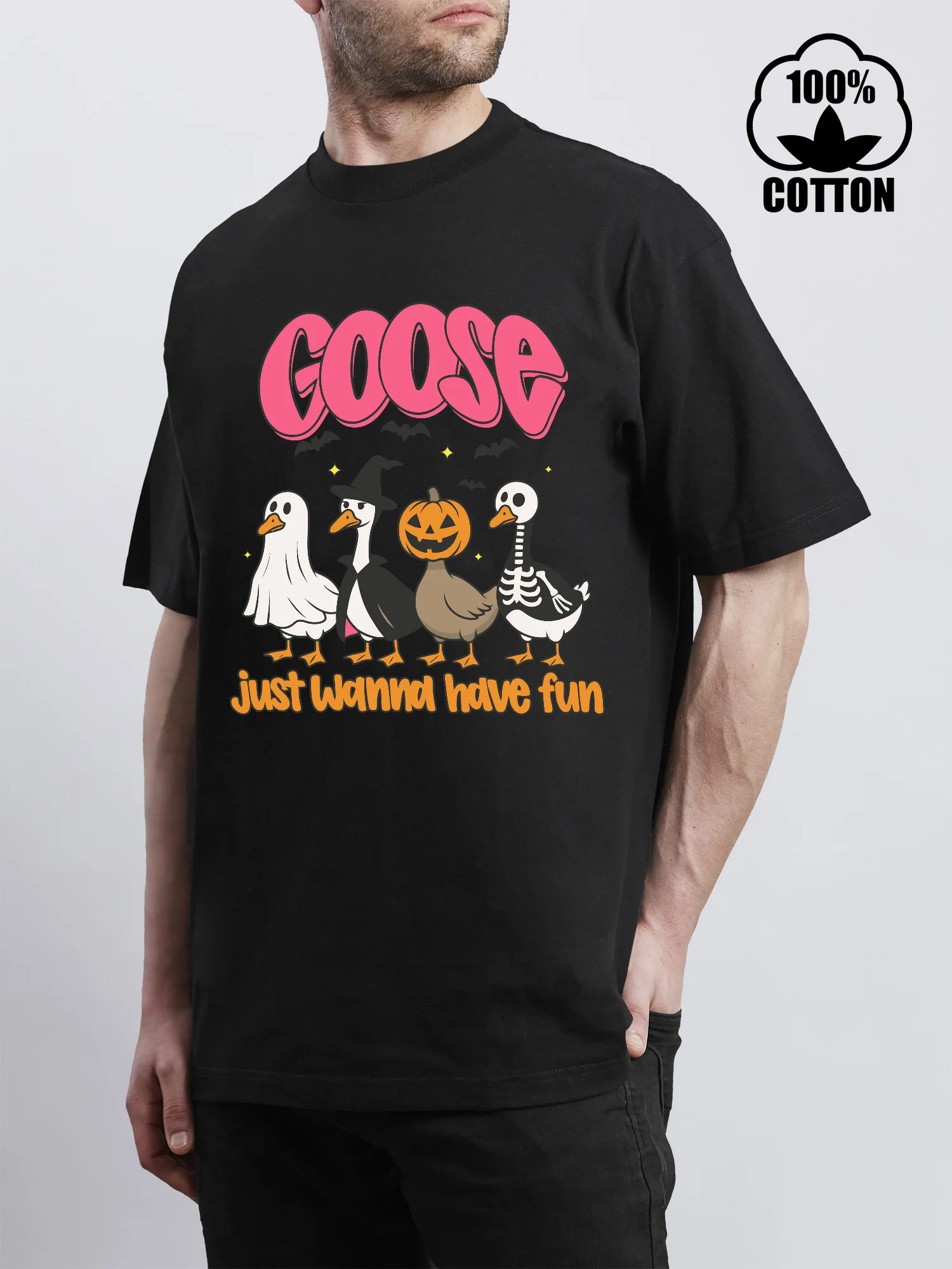 هالوين الرعب اليقطين شبح أوزة الهيكل العظمي الكلاسيكية الرجال تي شيرت قصيرة الأكمام طاقم الرقبة تي شيرت للرجال #1