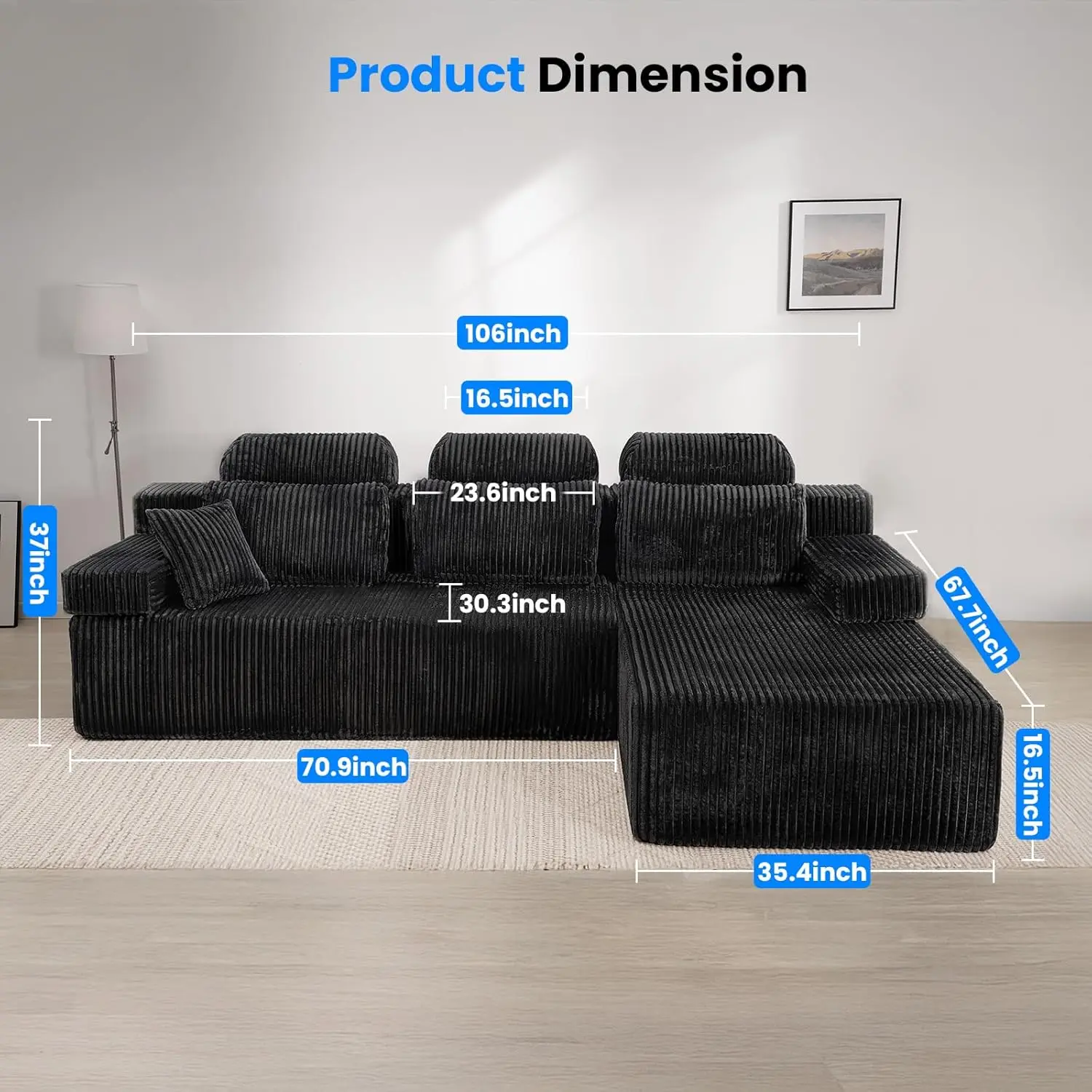 أريكة مقسمة بمسند ظهر مرتفع مقاس 106 بوصة، أريكة مقطعية على شكل حرف L قابلة للتحويل بمواجهة اليسار أو اليمنى، سروال قصير سحابي، بون