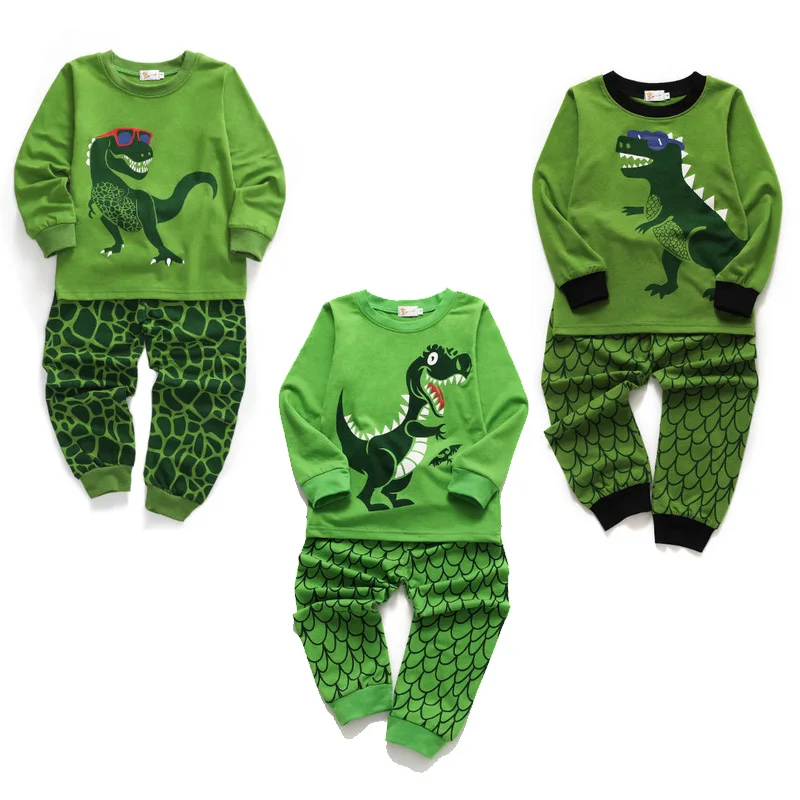 Little Hand Kids Boys Cotton Pajama Set Cartoon Green T‑Rex Dinosaur Print Pjs Sets Long Sleeve Loungewear Night Suit for 2-7T