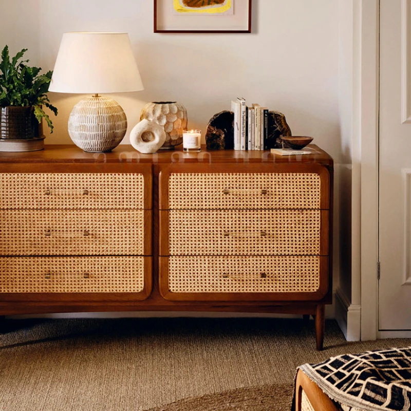 Aged solid wood rattan chest of drawers, chest of drawers, household walnut living room storage cabinet