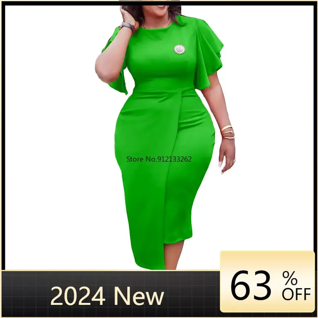 

Work Office Clothing for Women Ladies 2024 Formal Lantern Sleeve Bodycon Split Fashion Elegant Business Work Wear Dress Midi New