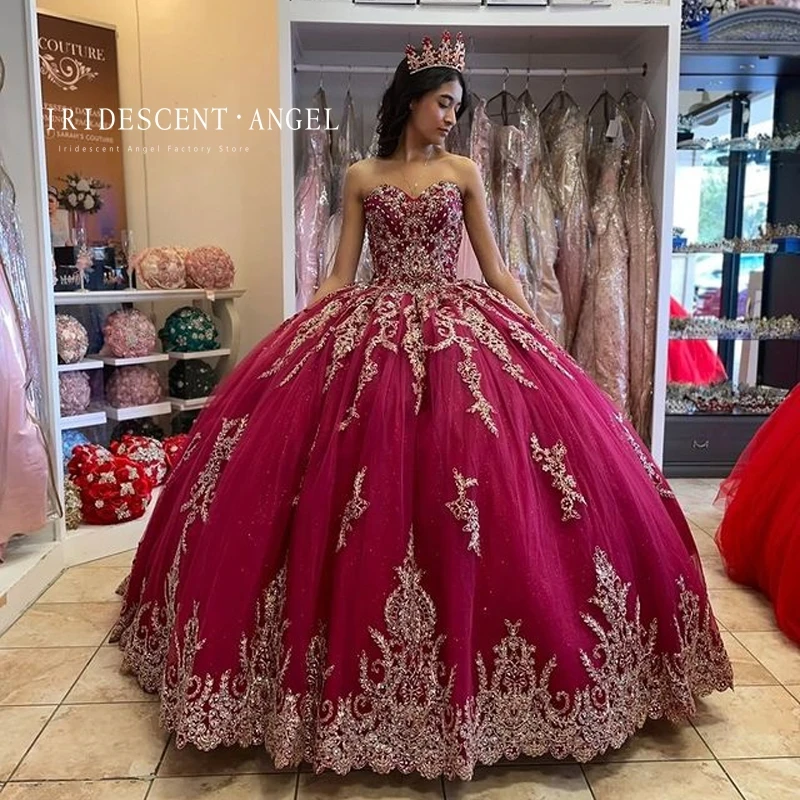 Abito da ballo iridescente lusso bordeaux perline Appliques abiti Quinceanera 15 anni dolce 16 compleanno Vestido De 15 Anos