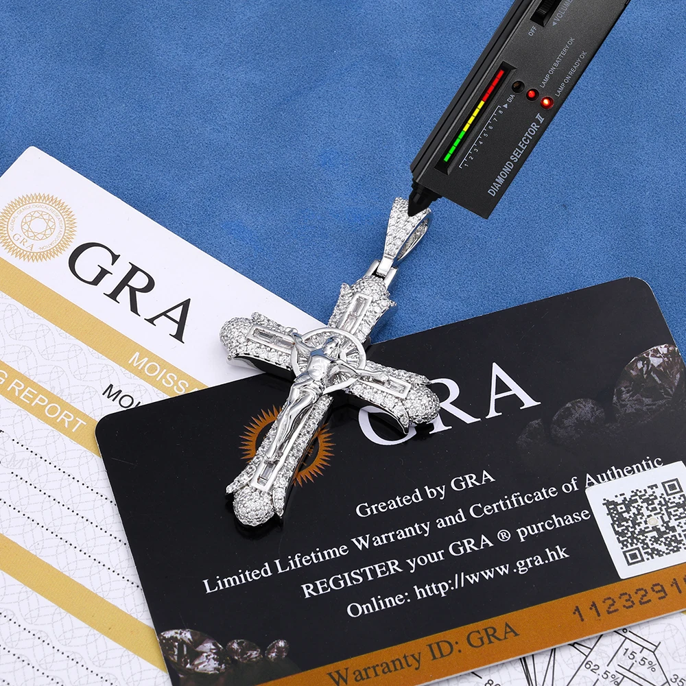 S925 Sterling Silver Full Moissanite Crucifix Cross Pendant Baguette Round Stone Iced Out Diamond Hip Hop Jesus Cross For M