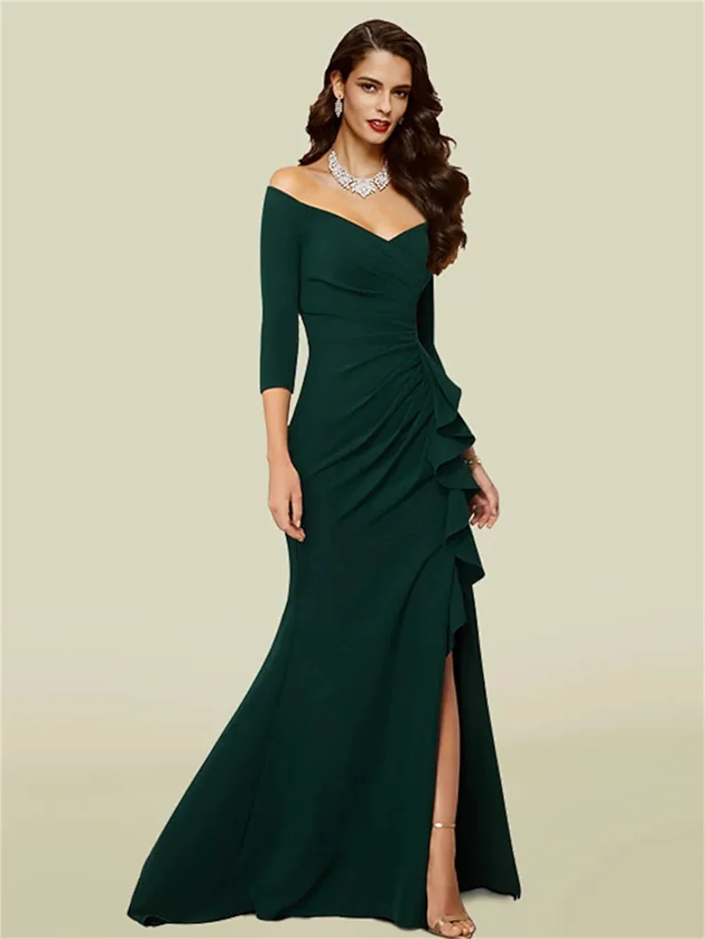 Vestido de sirena para madre de la novia, elegante, Sexy, con cuello en V, hombros descubiertos, tela elástica de tren, manga de 3/4 de longitud con drapeado