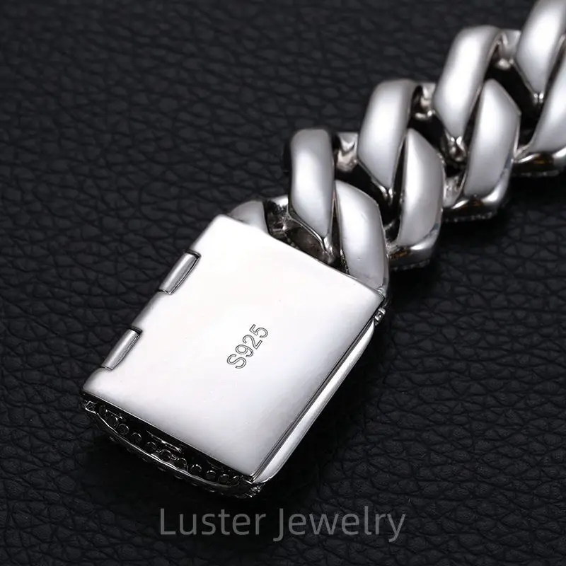 Luster Super Cool Hip Pop High Quality S925 Silver 20mm Width Three Line Paving Moissanite Cuban Link Chain for Men