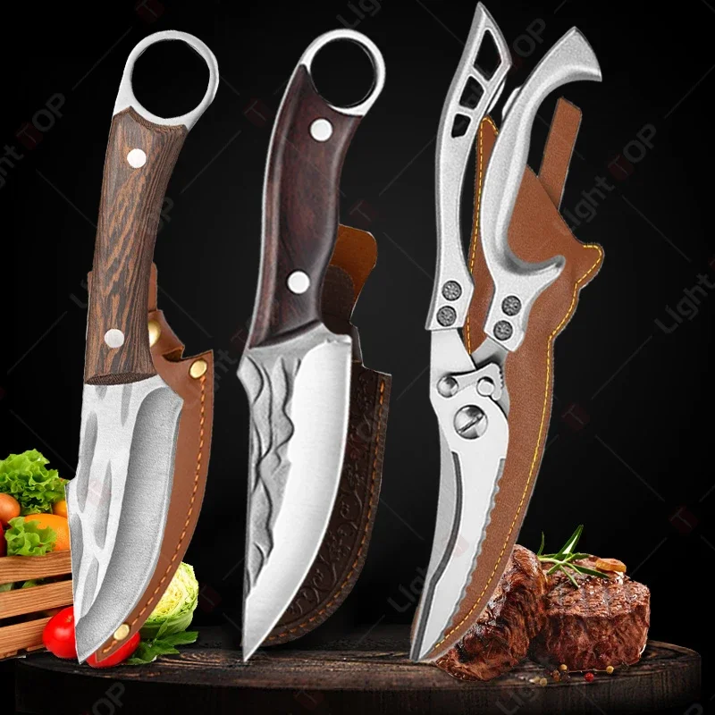 Meat Cleaver Stainless Steel Kitchen Knife Handmade Forged Knife Boning Knife Fruit Slicing Butcher Knife Chicken Bone Scissor