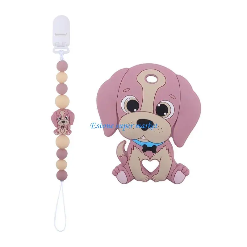 

090B Dog Silicone Pacifier Clip with Teether Set Teething Soother Toy