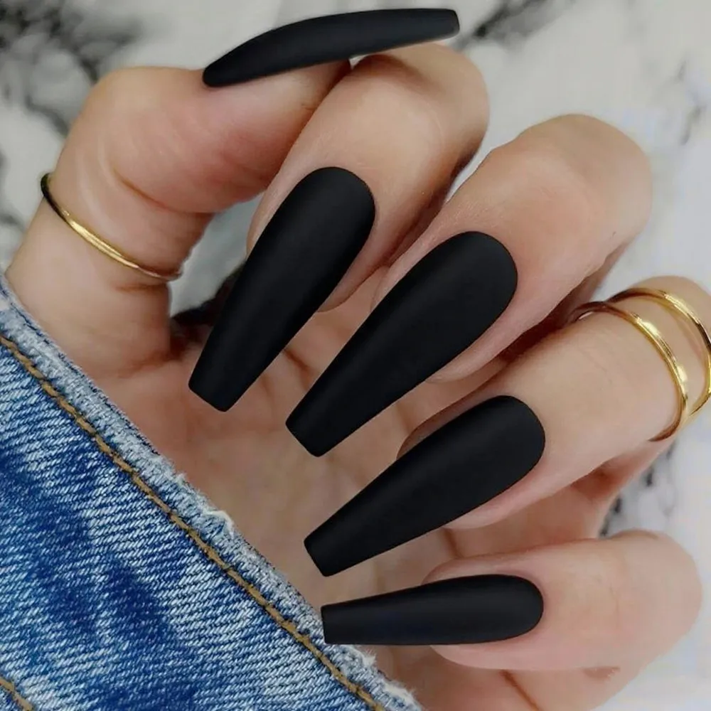

24Pcs Matte Black Press On Fake Nails With Glue Long Coffin Acrylic False Nails For Woman DIY Manicure Finger Tips Wholesale