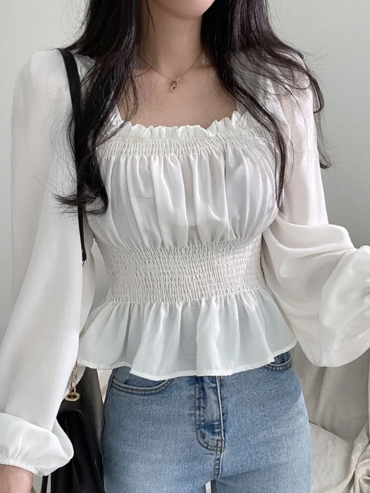 

Ele Vintage Long Sve Elastic Waist irt Women's Faion Spring Season Age-Defng Square Collar Loose Fit Top