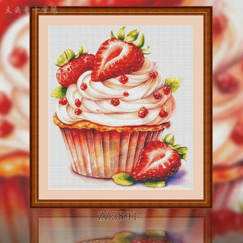 [ZZ5891-Strawberry Cake] Stamped Cross Stitch Kit 14CT 16CT Pre Printed Canvas Cotton Threads DIY Embroidery for Home Wall Decor