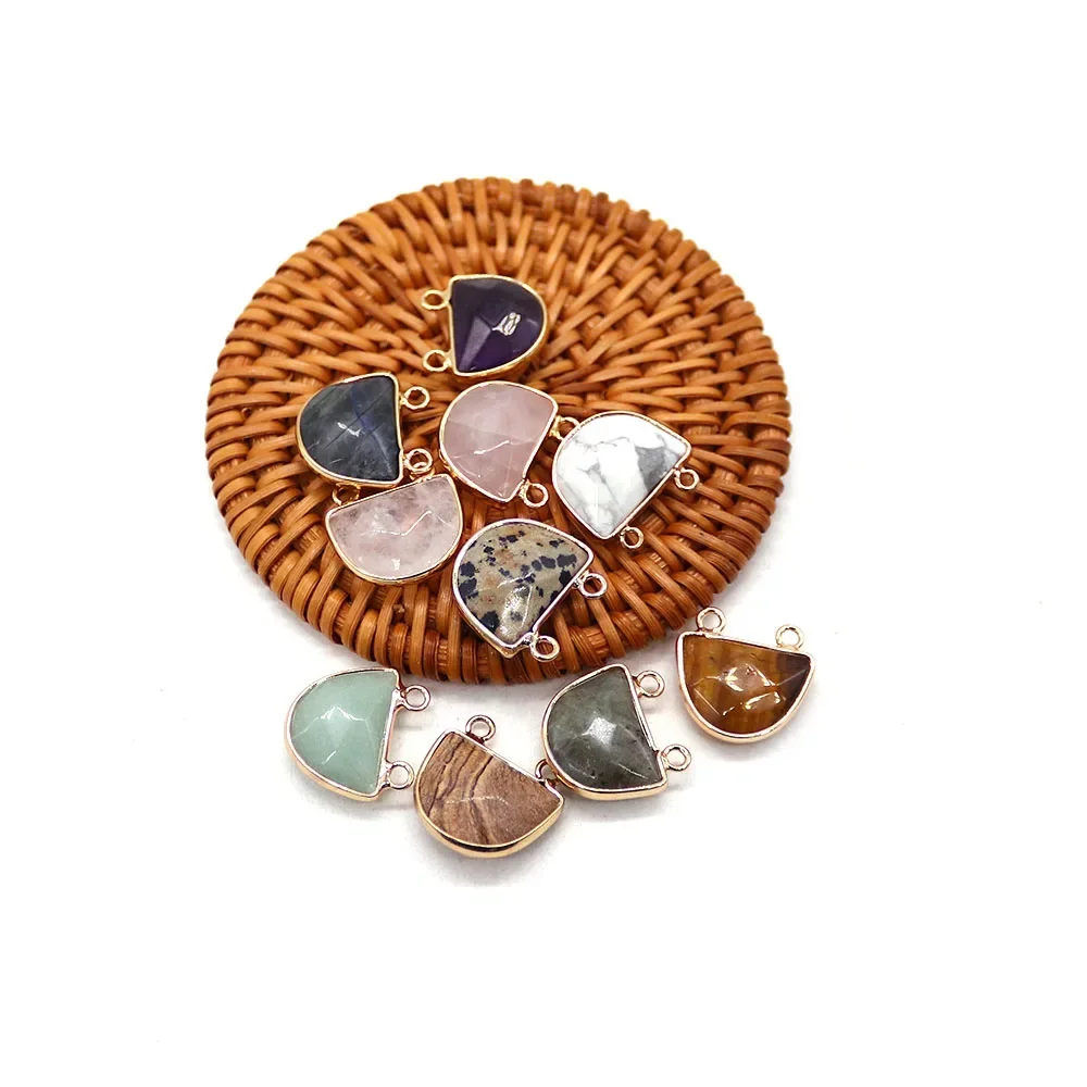Semi-circular Natural Stone Amethyst Picture Stone Faceted Electroplated Edge Double-Hole Pendants DIY Accessories Jewelry