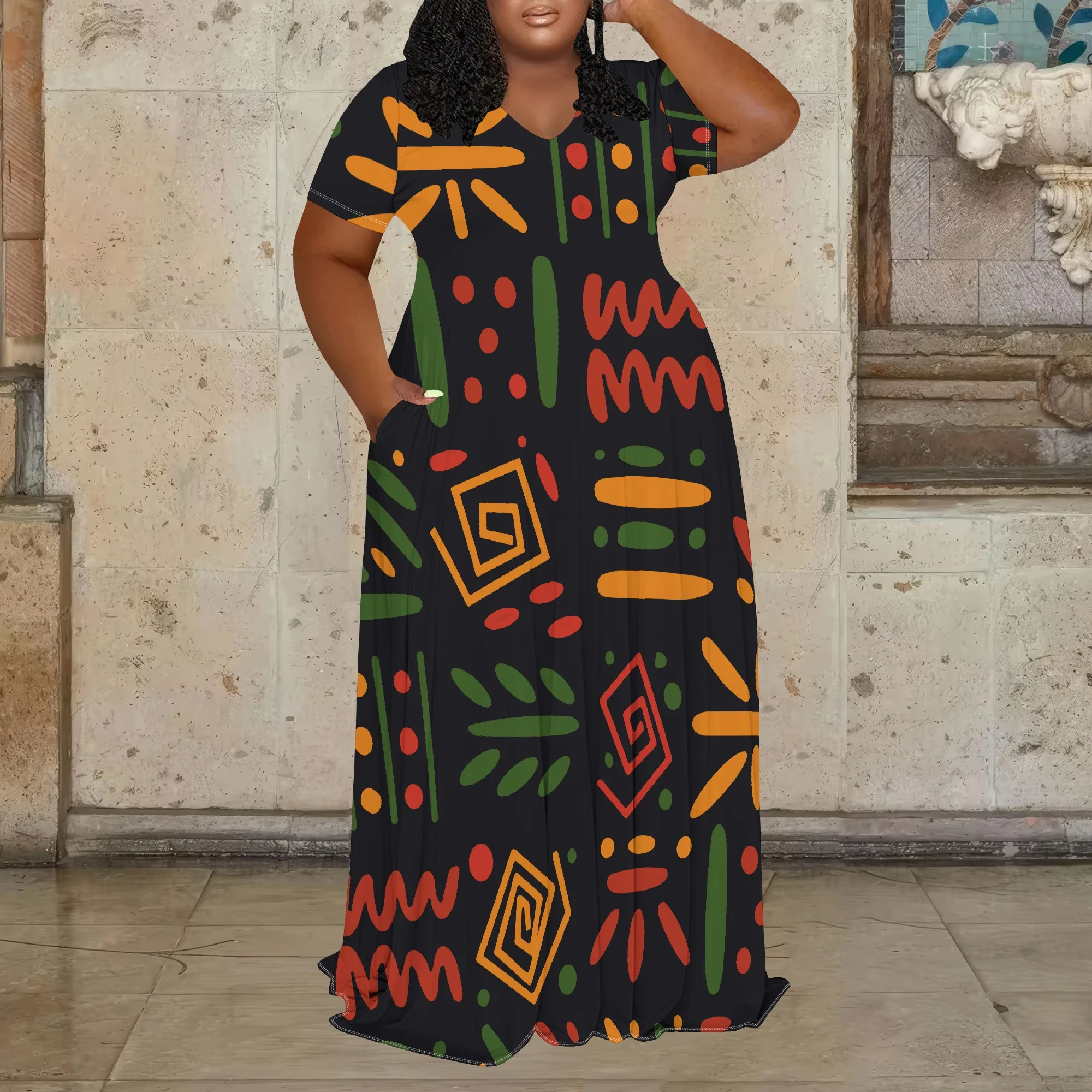 

﻿ Женское летнее модное платье больших размеров с 3D принтом, платье макси с короткими рукавами и v-образным вырезом (с карманами)