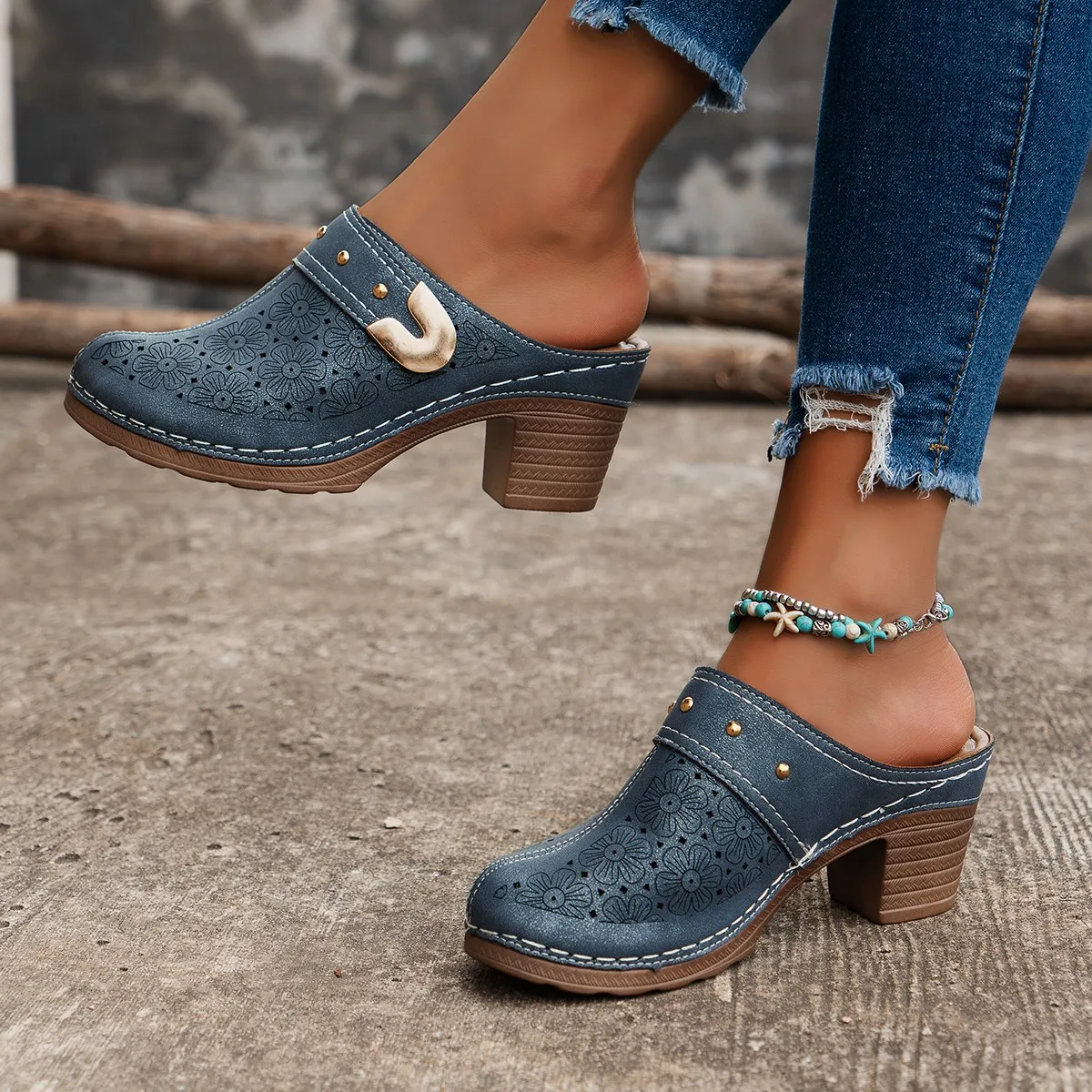 Women Slippers Chunky Heels Women Platform Sandals Height Increase Lady Summer Retro Round Mules Thick Sole Slides Zapatos Mujer