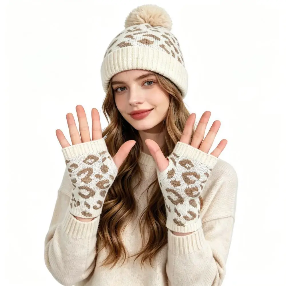 Women Winter Knitted Beanie Hat Matching Gloves Set Leopard Pattern Warm Soft Headwear Cold Weather Outdoor Apparel