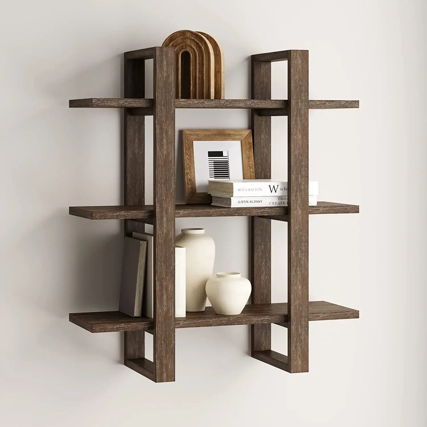 

Solid wood floating wall bookshelf 3 layer display shelf wooden home decoration modular shelf