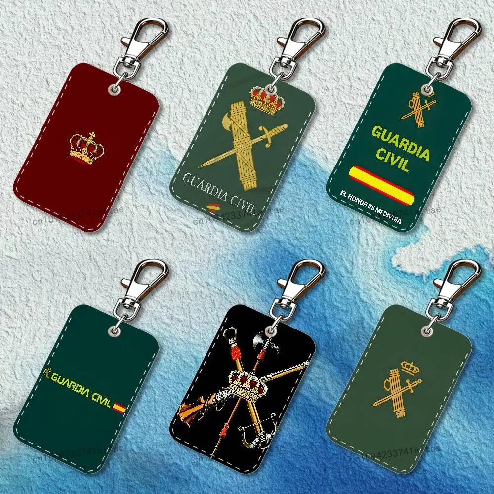Spanish Guard Civil Emblem Rectangle Access Card Case Leather Card Holder Keychain Key Ring Transportation Card Case