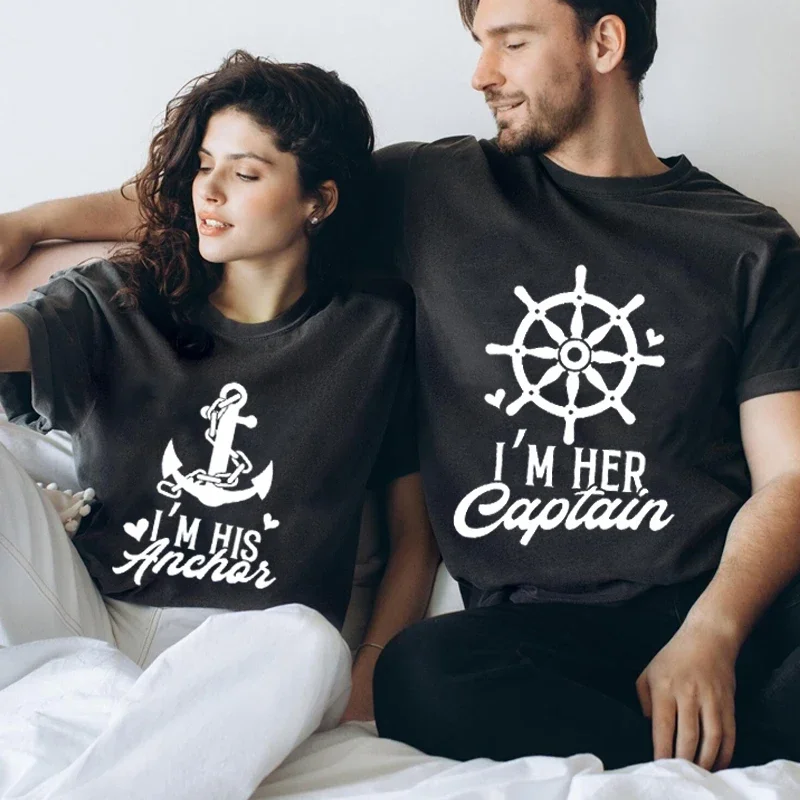 

Matching Couples T Shirt I'm Her Captain His Ancho Print TShirt Unisex Husband Wife Lovers Shirts Romantic Couple Gift Tees Top