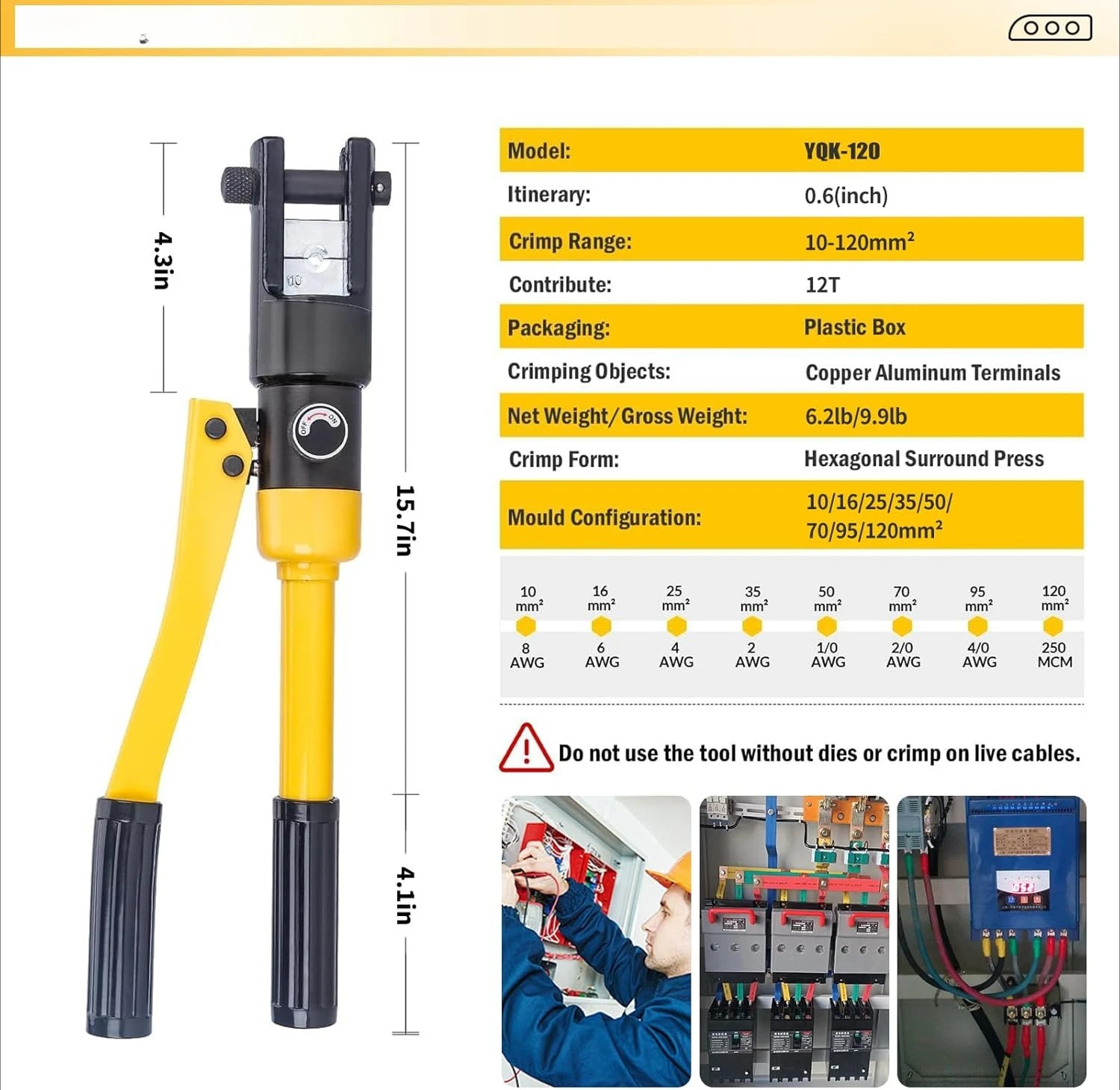 

12 Ton Hydraulic Crimping Tool 8 AWG to 250MCM, Battery Cable Lug Terminal Crimper With 8 dies，Easy to Operate Hydraulic