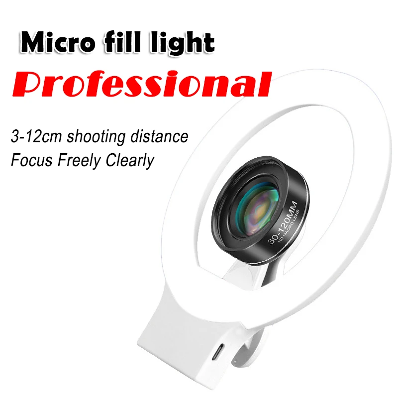 

Mobile Phone Fill Light 10X Macro Lens Portable Phone Selfie Lamp LED Ring Flash Tri-color Light for Smartphone Fine Shooting
