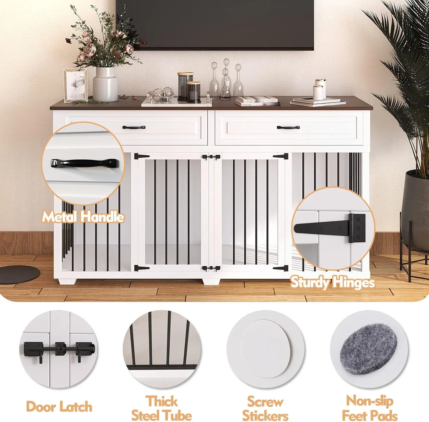 أثاث صندوق الكلاب، بيت قفص خشبي داخلي مقاس 72.4 بوصة، طاولة نهاية مزخرفة حديثة مع غرف مزدوجة، درجين