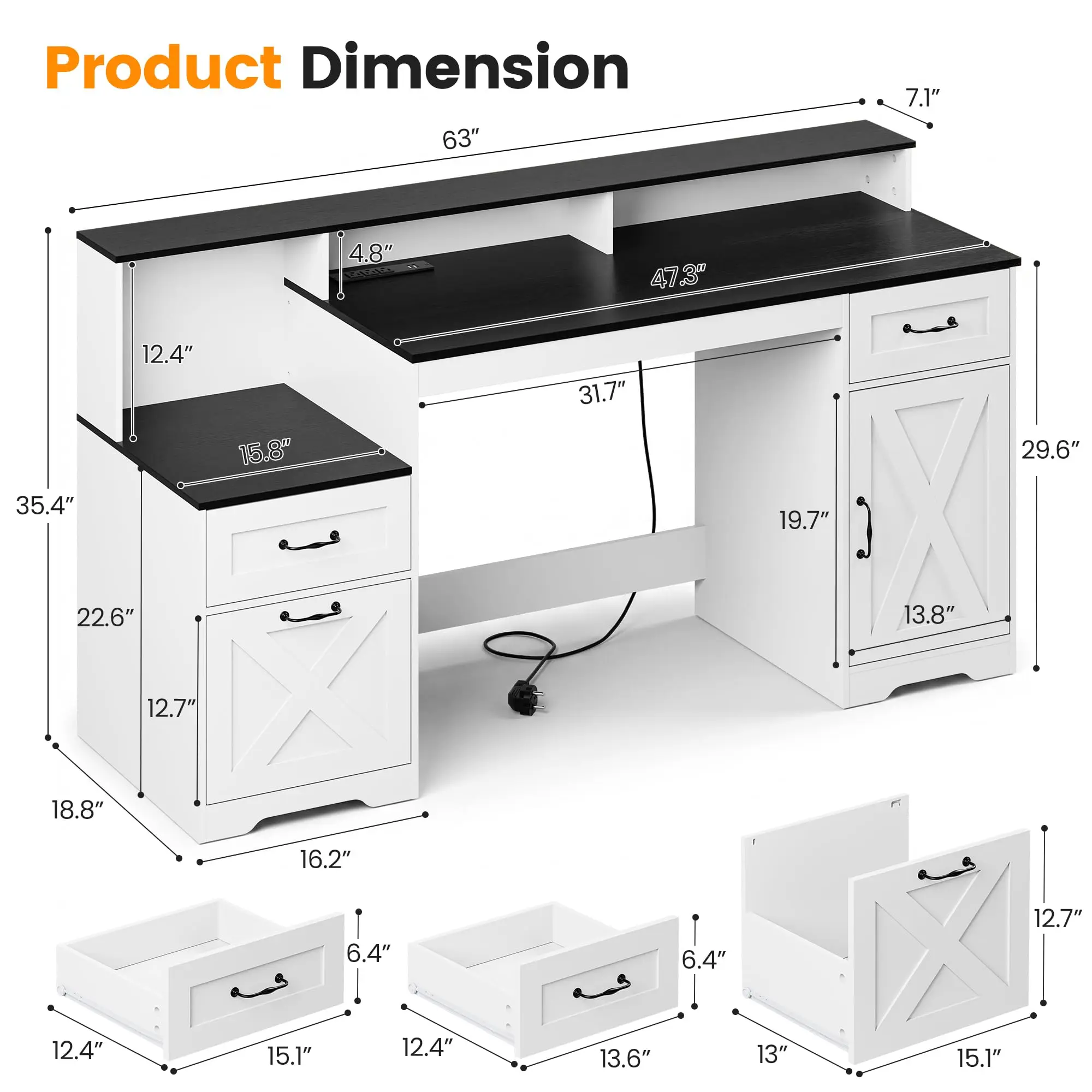 63 Inch Farmhouse Computer Desk with Drawers & Power Outlets, Large Desk with Monitor Stand & Printer Shelf, Modern