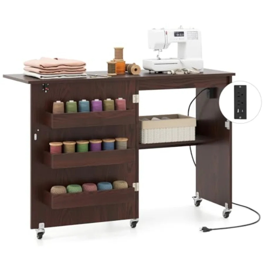 

Nightcore Folding Sewing Table Multipurpose Craft Table with Charging Station Lockable Casters Rack and Storage Shelves Space-S