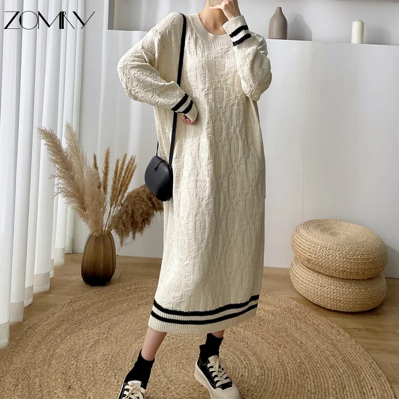 ZOMRY Autumn Winter Women\'s Midi Sweater Knitting Dress Korean Regulai Fit Embroidery Print Striped Long Sleeve Causal Clothing