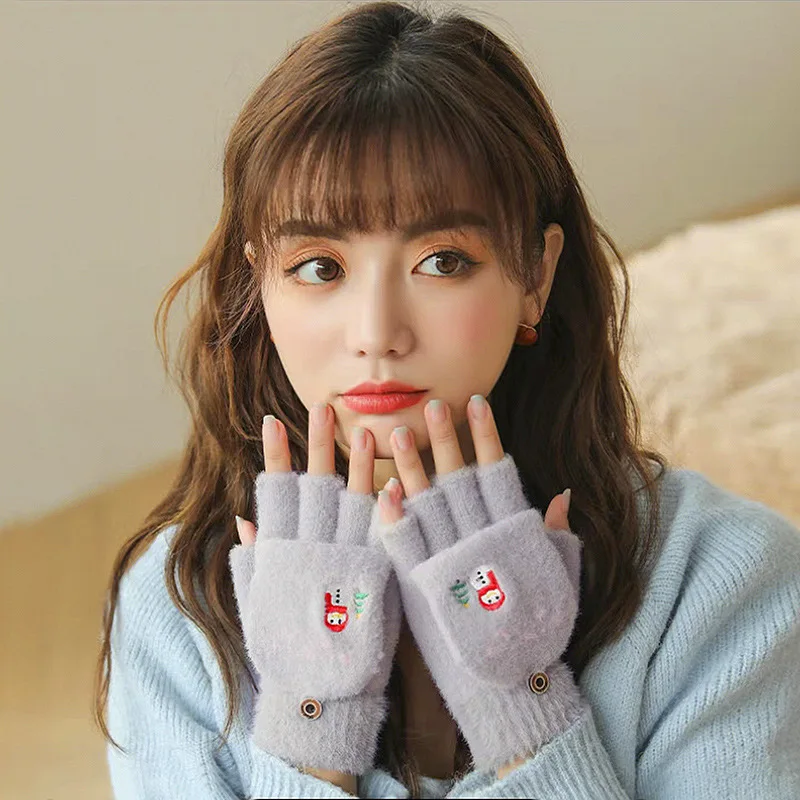 女性用タッチスクリーン対応コンバーチブルグローブ 冬用暖かいニットフリップトップミトン 可愛い雪だるま刺繍入り 快適なクリスマスプレゼント