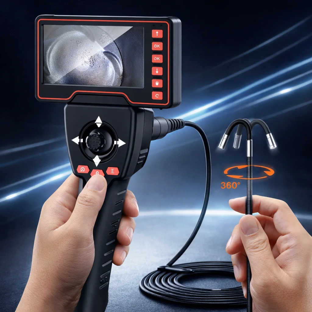 New 360° Steering Endoscope Camera 3.9/6.0mm 4 Way 5 Inch 1080P HD Screen for Car Sewer Inspection with 32G Memory Card