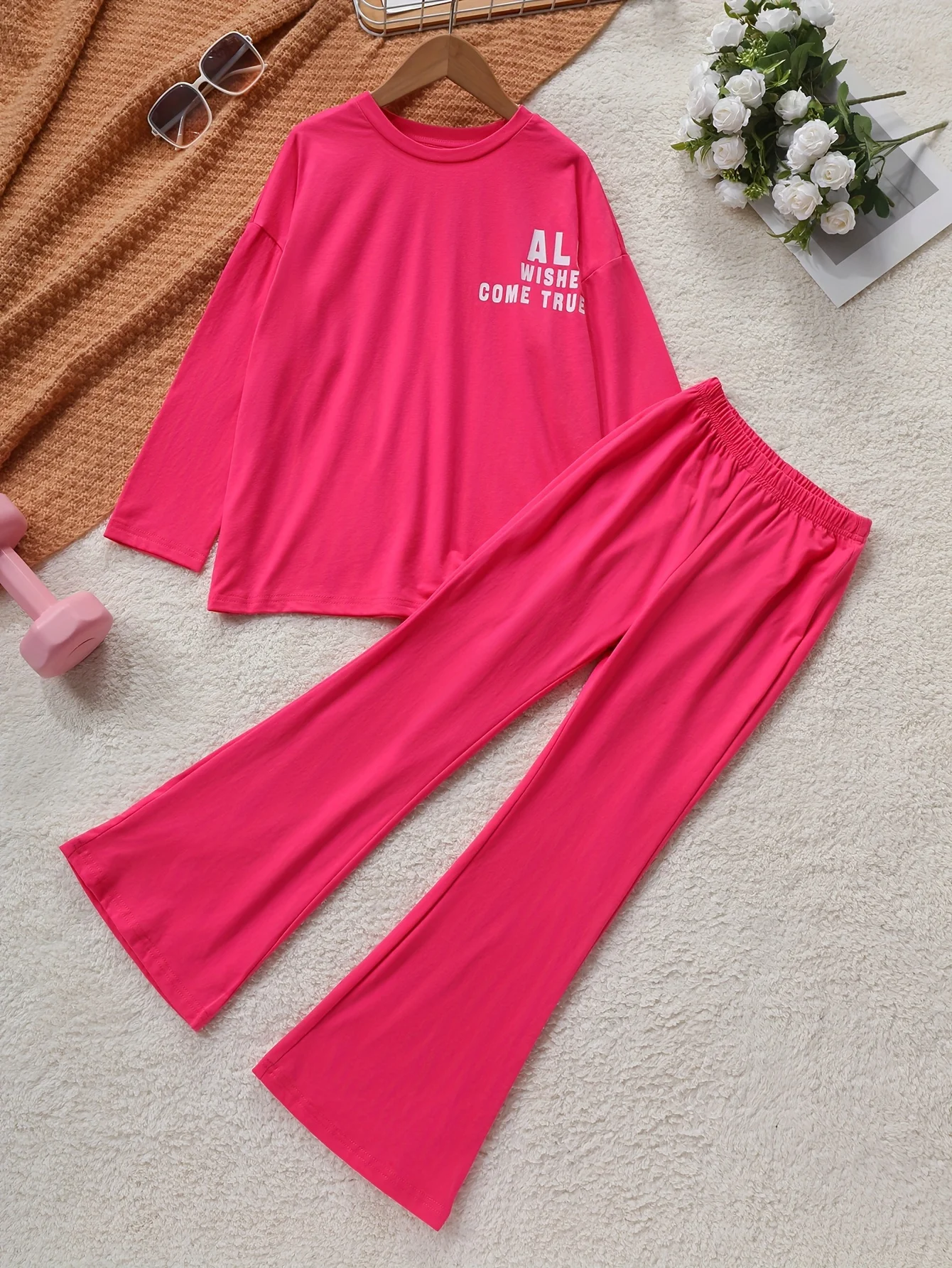 ملابس بناتي مكونة من قطعتين، نمط الربيع والخريف، تي شيرت بأكمام طويلة وسراويل جرس، ملابس أطفال عصرية وأنيقة للفتيات الأكبر سنًا #2