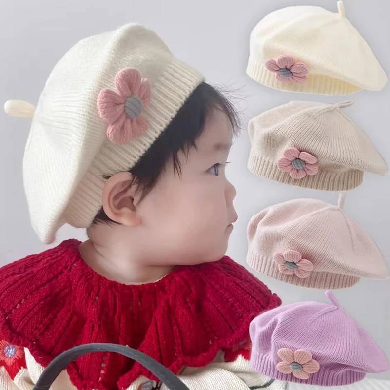 Baby Beret Winter Warm Knitted Hat Beanie Cap Korean Flower Painter Hat Fashionable Female Infant Princess Solid Artist Caps