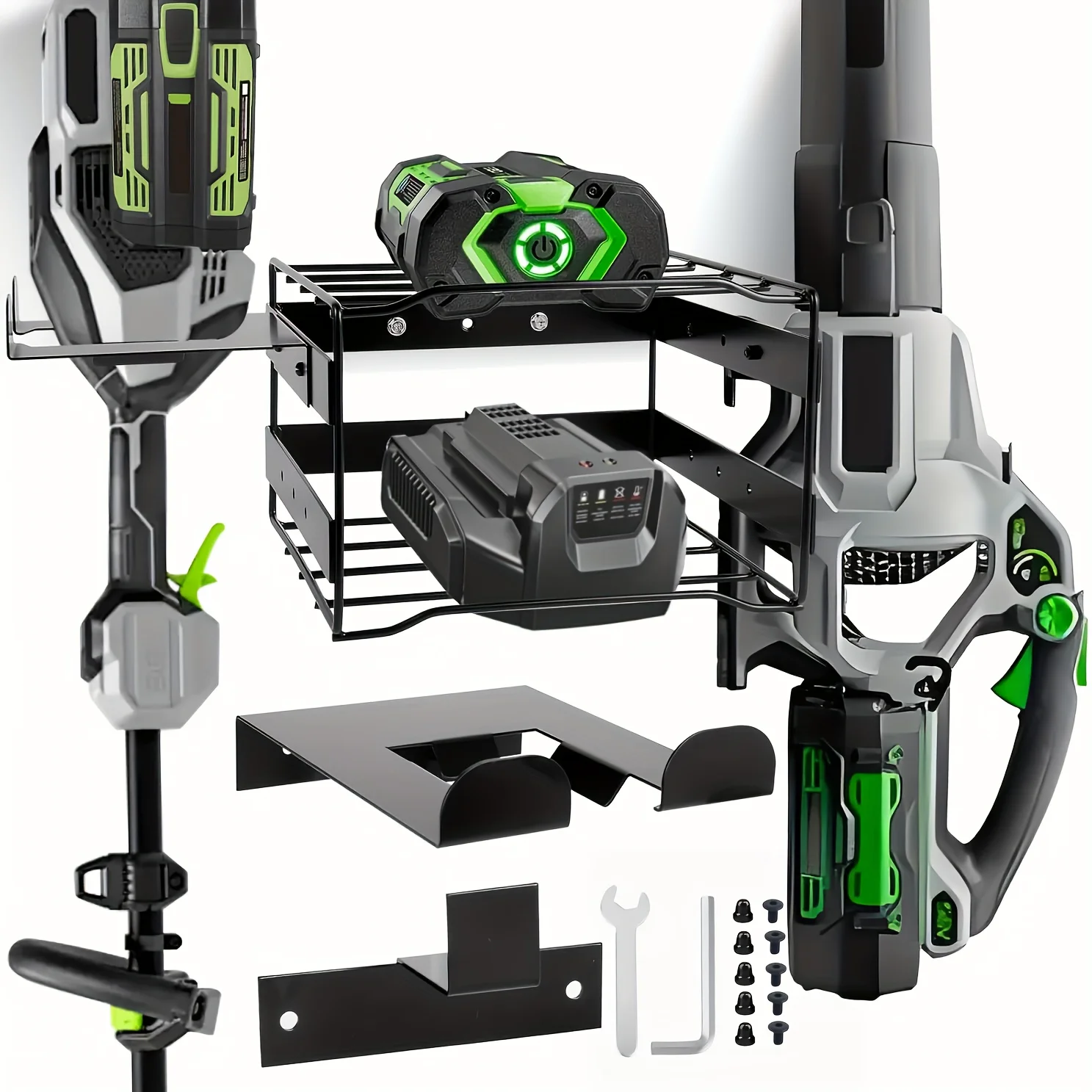 省スペースガレージ収納ラックキット、装飾用はさみ、チェーンソー、トリミングマシン、バッテリー、充電器、耐荷重180ポンド