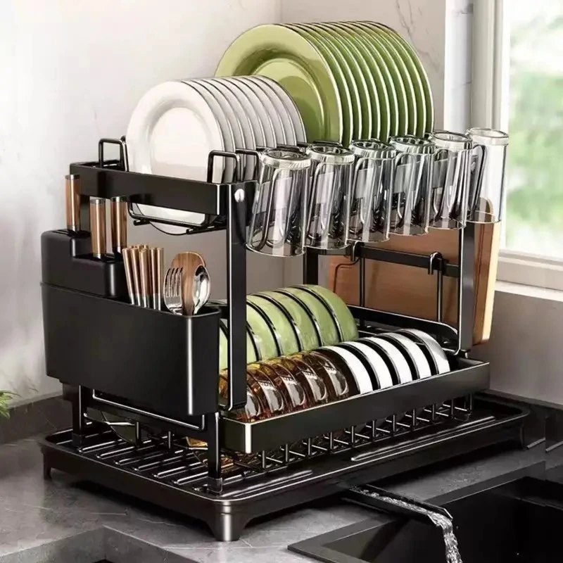 

2-Layer Stainless Steel Dish Drying Rack with Drainage Plate, Adjustable Dish Drain, Kitchen Countertop Utensil Rack, Cup Holder