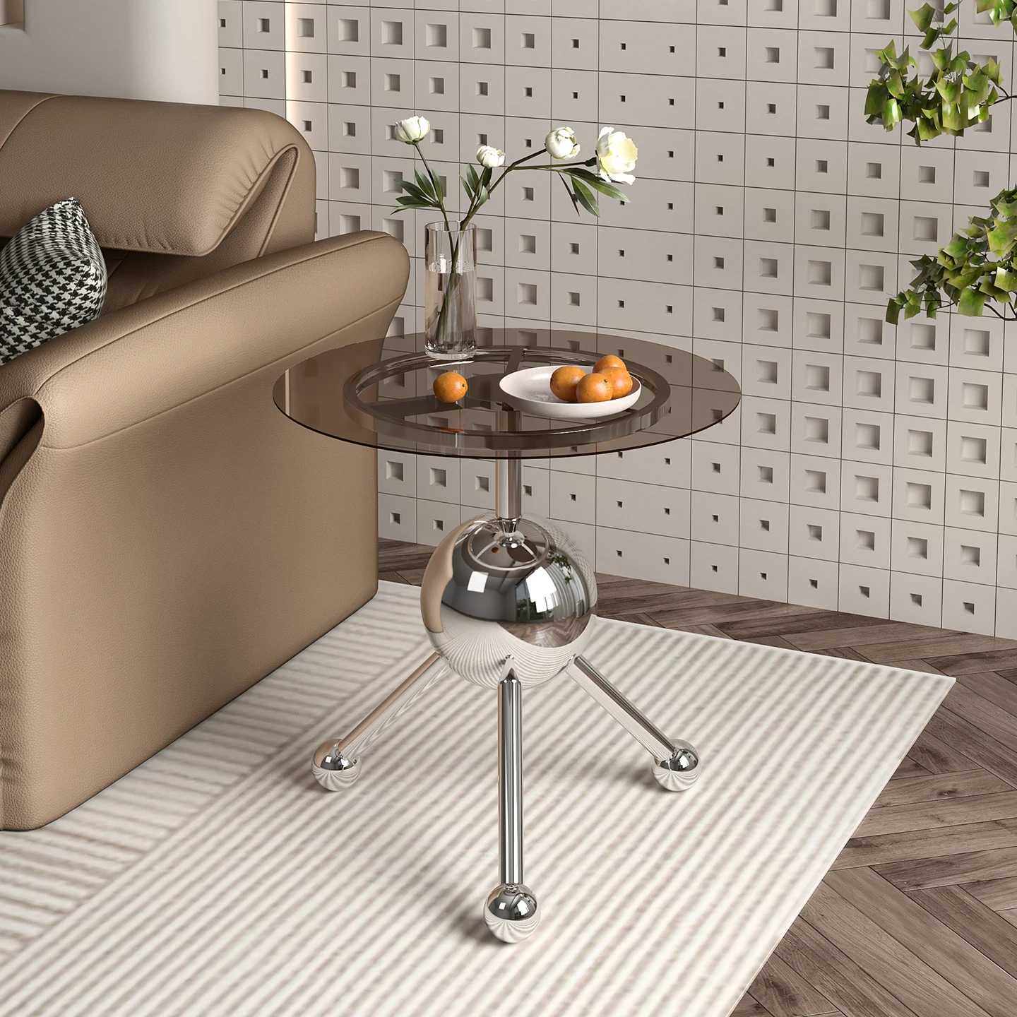 

Modern Minimalist Side Table with Stainless Steel Tempered Glass Small Coffee Table Living Room Sofa Round End Table