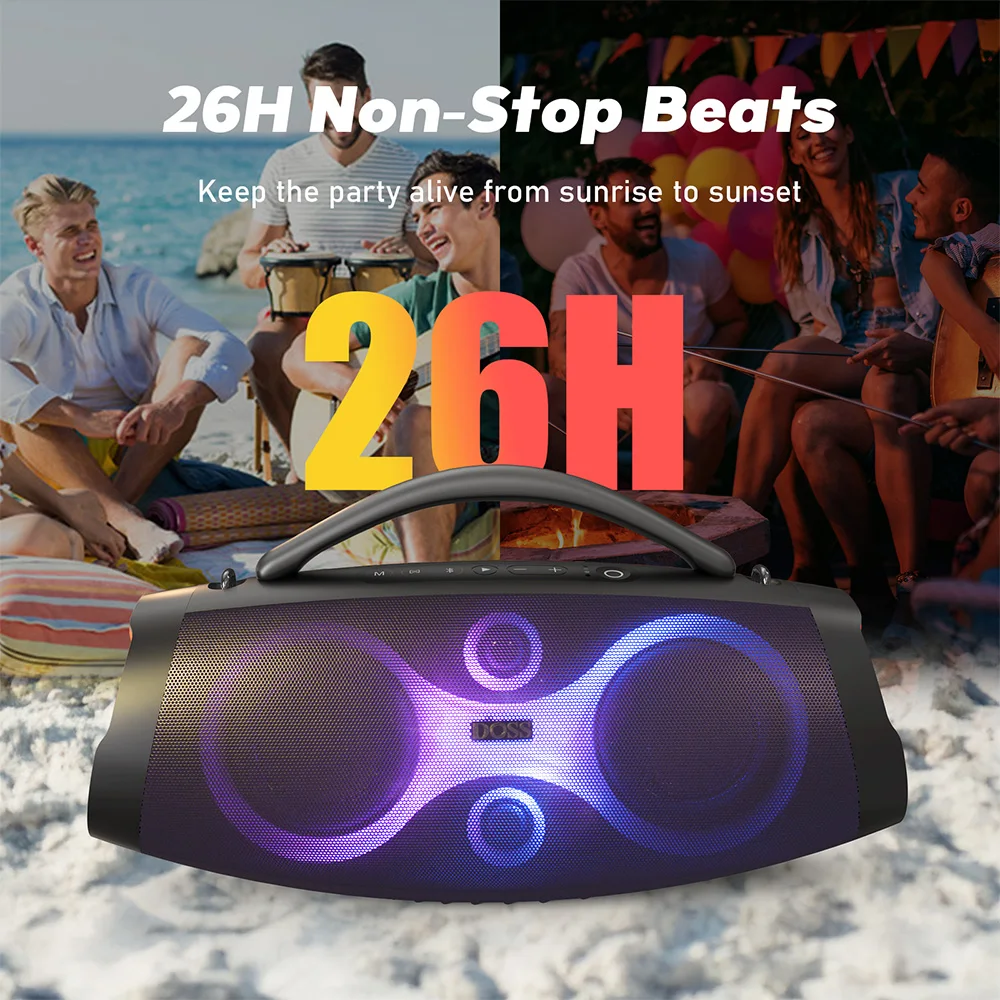 DOSS مكبر صوت محمول خارجي قوي 120 واط صوت 240 واط الذروة لكمة باس مضخم صوت TWS ستيريو الاقتران مكبر صوت لاسلكي مقاوم للماء