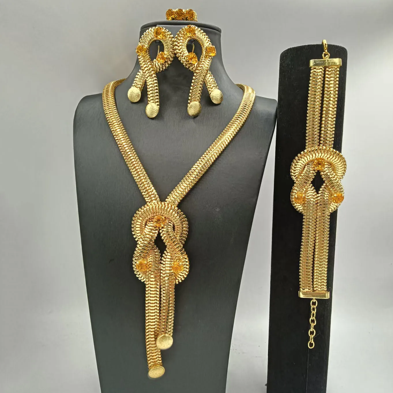 Beautiful Jewelry Set with Colorful Rhinestone Pedant Long Chain Necklace Bracelet Earrings Ring 4PC Jewellery for Wedding Party