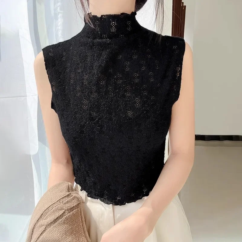 Lace Sweater Vest  Women Solid Hollow Out Sleeveless Mock Neck Spring Autumn Stylish Elegant Popular Ladies Clothing Fashion