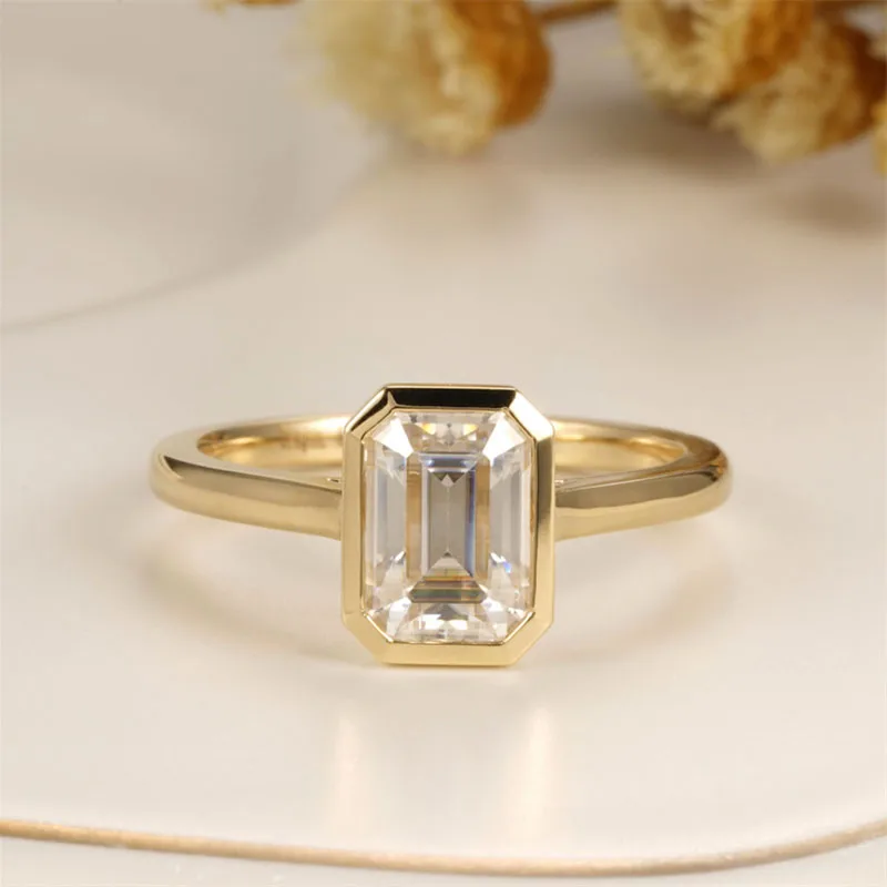 

CxsJeremy Solid 14K 585 Yellow Emerald Cut 1ct 5*7MM Moissanite Engagement Ring for Women Bezel Setting Solitaire Wedding Band