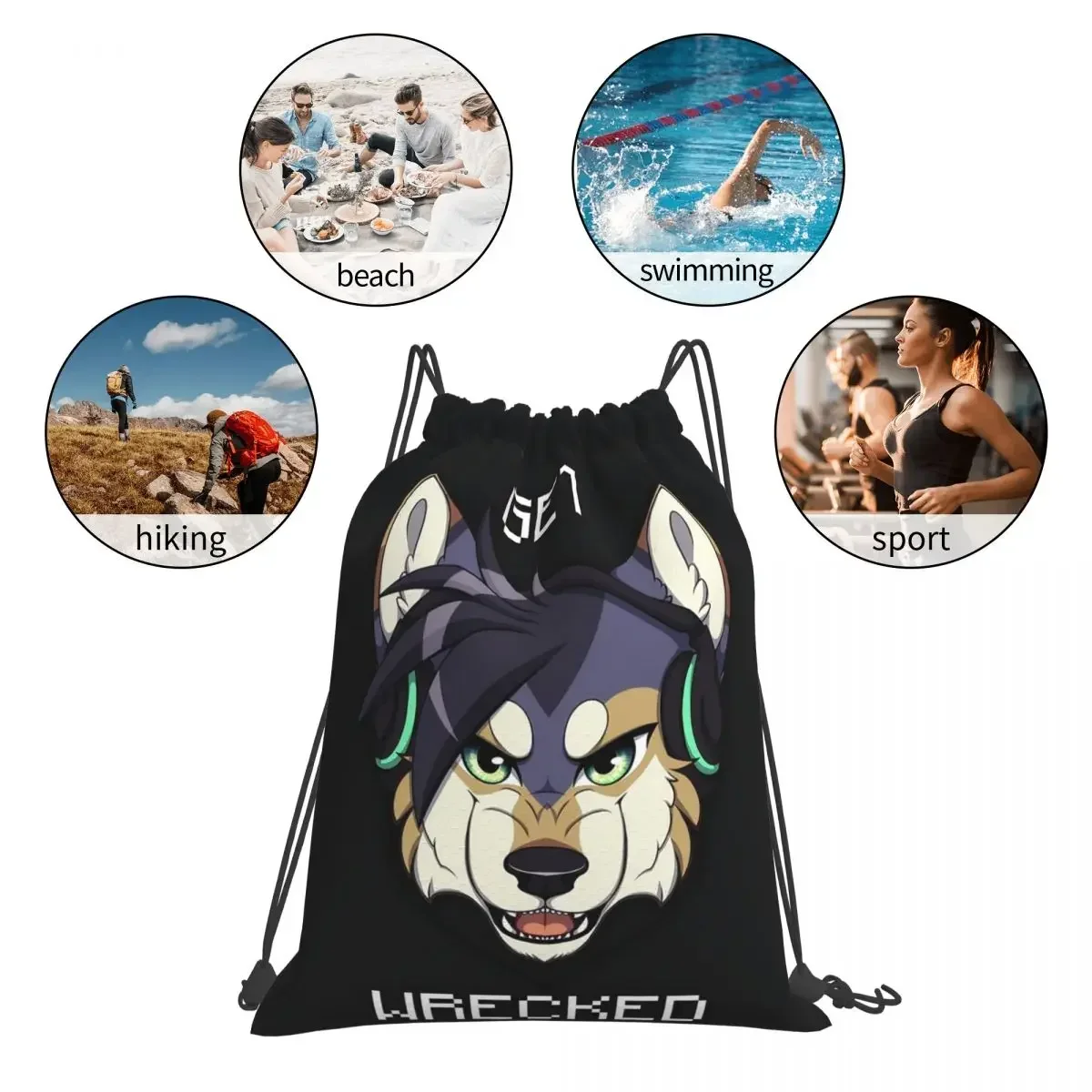 GET WRECKED - Wolf กระเป๋าเป้สะพายหลังกระเป๋าสตางค์แบบพกพา Drawstring Bundle กระเป๋ากีฬากระเป๋า BookBag สําหรับชายหญิงนักเรียน