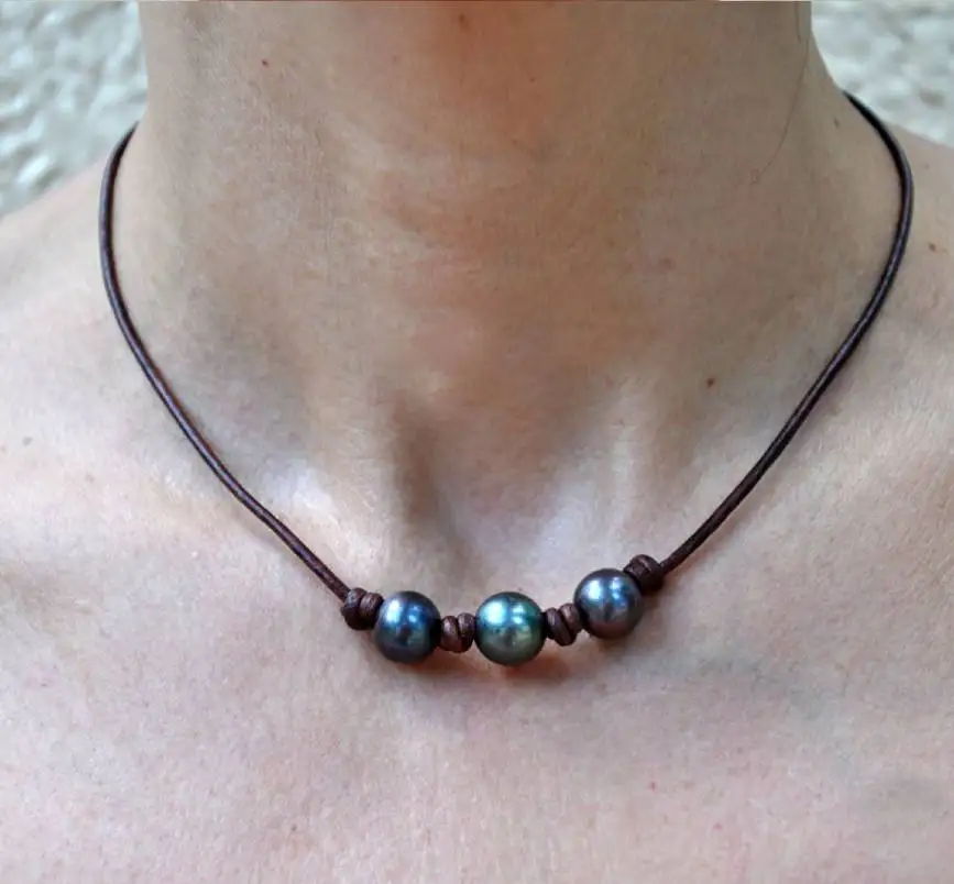 Tahitian Pearl Knotted Drop Necklace with Blonde Baroque Tahitian Pearls on Leather, Handmade Pearl and Leather necklace