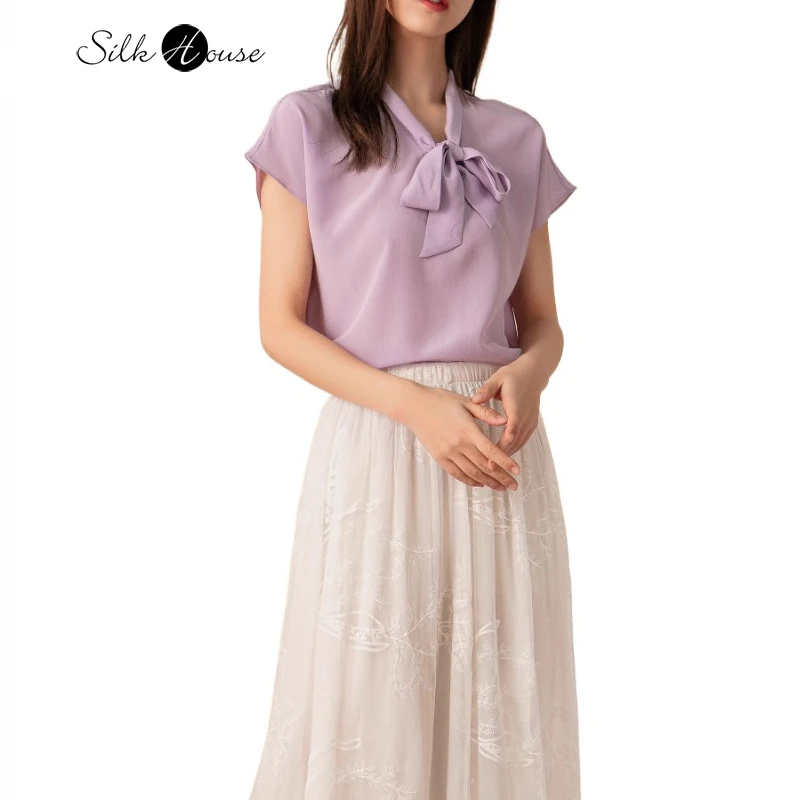 

2025 Summer New OL Commuter Style Versatile 100%Natural Mulberry Silk Double Crepe Short Sleeve Bow Neck Women's Fashion T-shirt