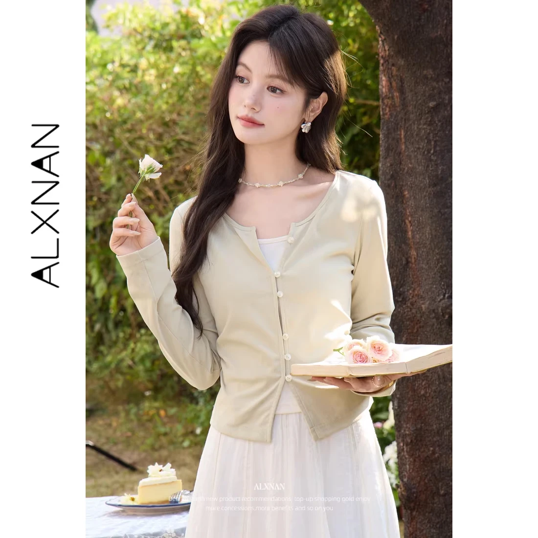 

Элегантная женская футболка ALXNAN, новинка весны 2026, хлопковая, с эффектом двухслойности, с длинным рукавом, повседневная, приталенная, модная, женская, L62110