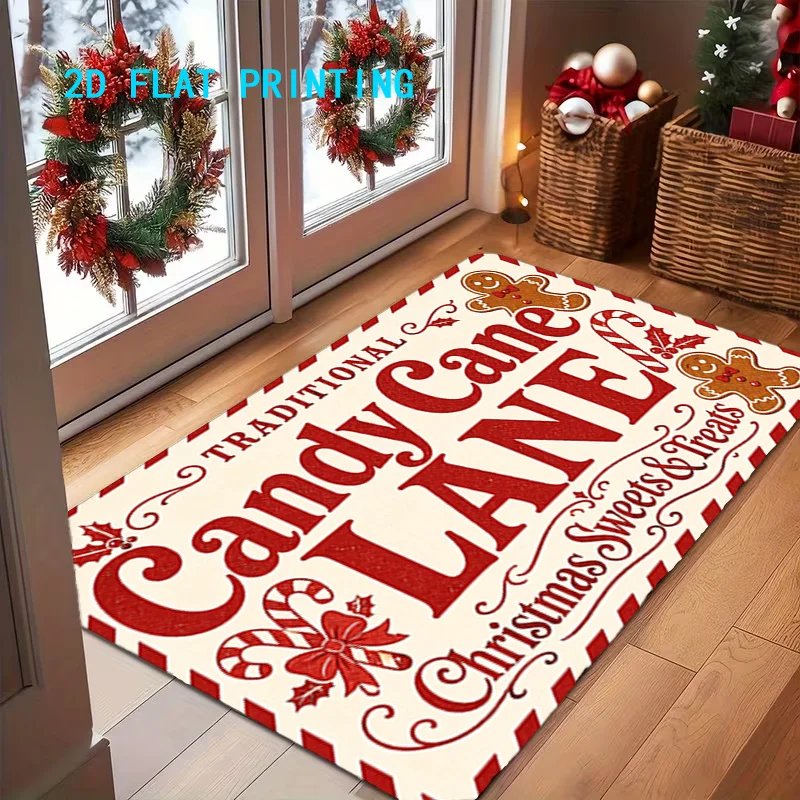 2D‑Printed Candy Cane Lane Christmas Rug, Decor for Entryway, Bedroom, Balcony, Indoor‑Outdoor Parties