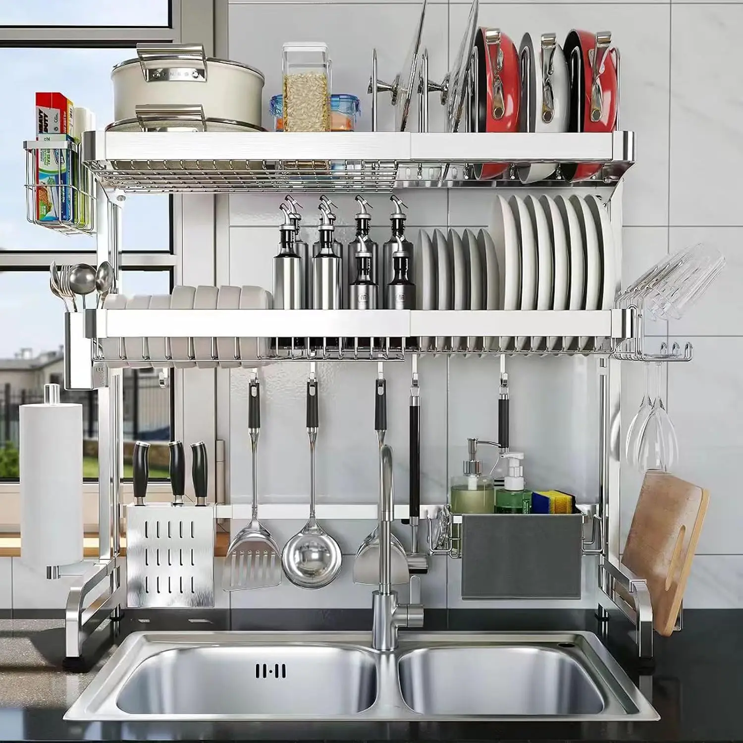 Over The Sink Dish Drainer Drying Rack, Full Stainless Steel 3-Tier Adjustable Length Over Sink Dish Drying Rack, Large Capacity