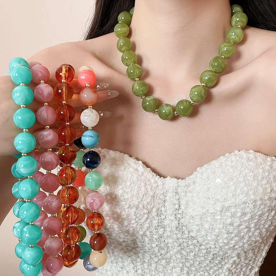 Multi-colors Round Resin Beaded Chokers Necklace for Women C