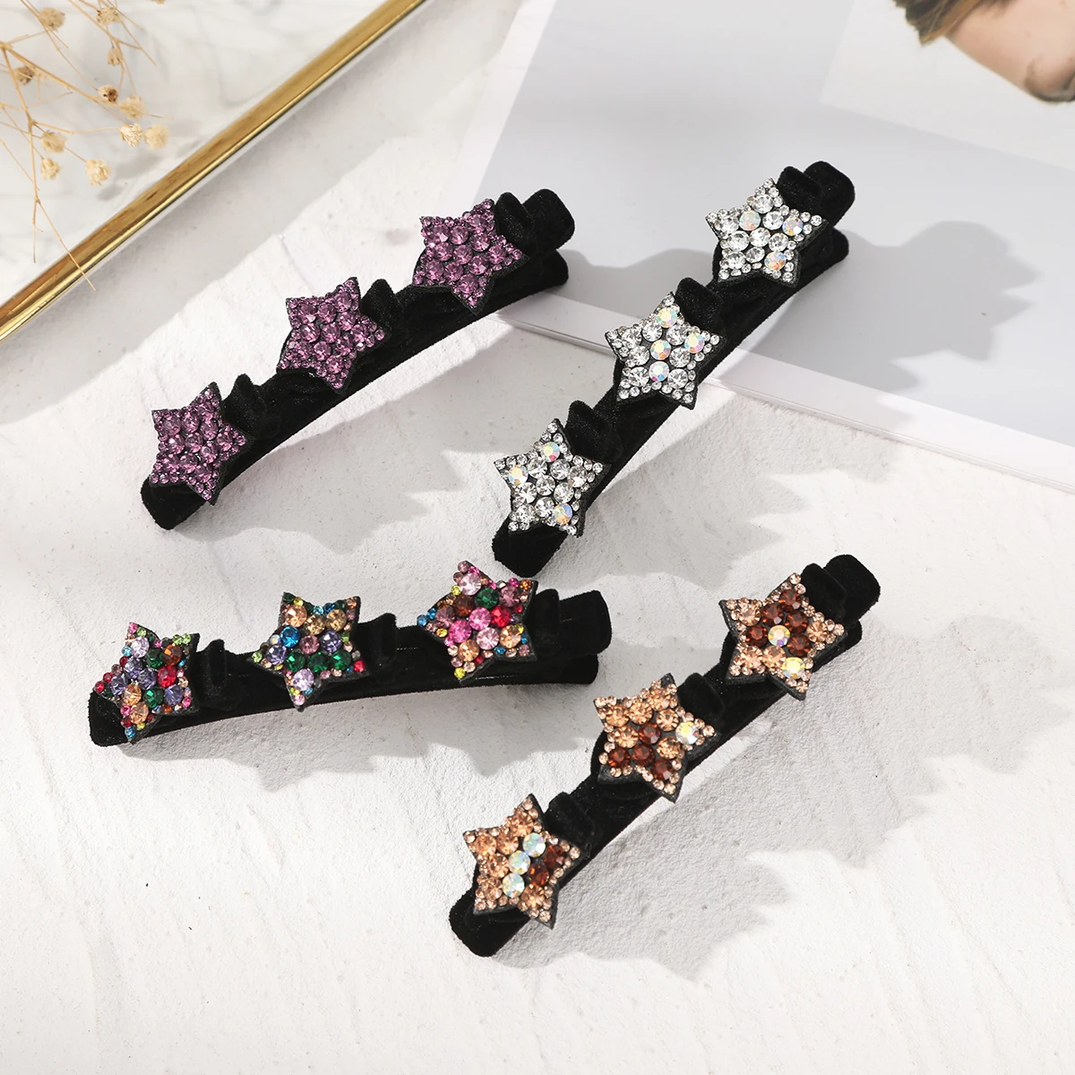 AWAYTR New Fashion Sparkling Crystal Stone Hairpin 3 Flower Hair Clips For Women Braided Hair Duckbill Hair Claw Headwear