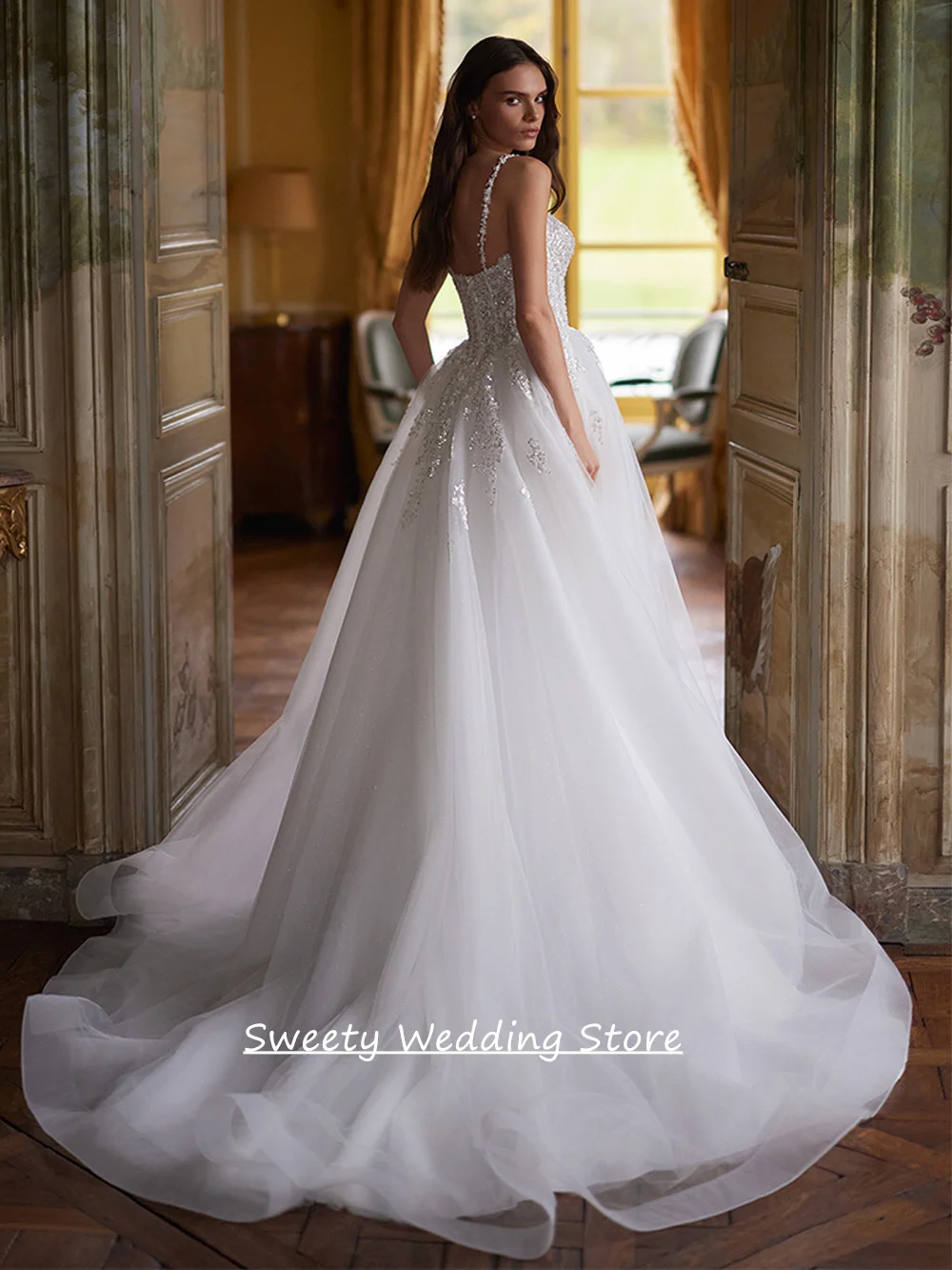 Wedding Dress for Bride 2026 Customized Spaghetti Straps Sparkling Beading Sequined Lace A Line Glitter Bridal Gown