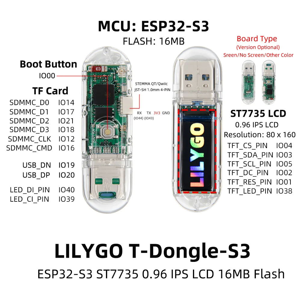 LILYGO T-Dongle-S3 ESP32-S3 WiFi Bluetooth Module Board 0.96 inch ST7735 LCD Display programmable Development Board